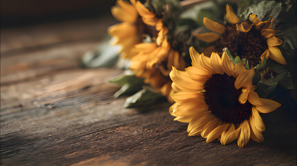 Rustic close-up of sunflower arrangement on a wooden surface with warm natural light.