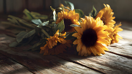 Rustic close-up of sunflower arrangement on a wooden surface with warm natural light.