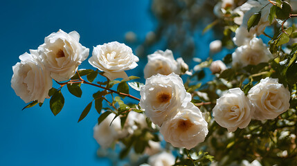 Blooming white roses against a clear blue sky, embodying delicate springtime beauty.