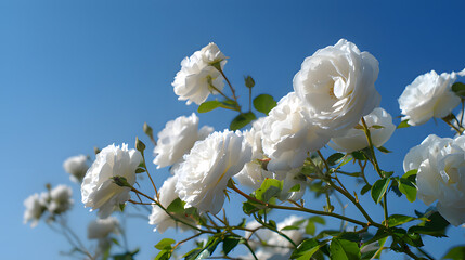 Blooming white roses against a clear blue sky, embodying delicate springtime beauty.
