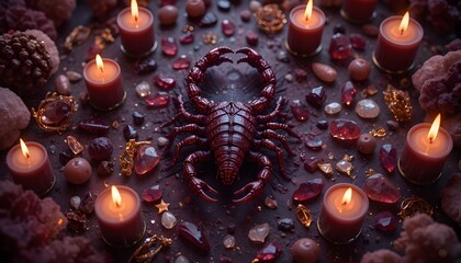 Intricate scorpion figure surrounded by gems and candles, creating a mystical and enchanting atmosphere perfect for magical themes and spiritual practices