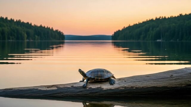 turtle rests on weathered log in serene lake at sunset reflecting the vibrant orange and pink sky Dense green forests line both shores framing the calm waters and distant hills