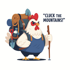 Gilpy-style hen, 2D flat vector, with oversized hiking backpack full of gear, holding walking stick, feathers puffed with determination, cartoon humor