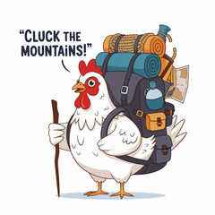 Gilpy-style hen, 2D flat vector, with oversized hiking backpack full of gear, holding walking stick, feathers puffed with determination, cartoon humor