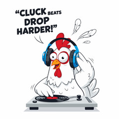 2D flat vector illustration of a gilpy cartoon hen wearing oversized headphones, standing behind a turntable with wings up as if scratching vinyl, eyes wide with excitement, feathers flying