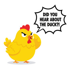 2D flat vector illustration of a gilpy cartoon hen with beak half open as if whispering gossip, eyes darting sideways mischievously, one wing covering her mouth