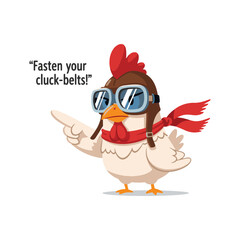 Gilpy-style hen, 2D flat vector, wearing oversized aviator goggles and tiny pilot scarf flapping dramatically, one wing pointing forward like giving command