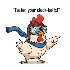 Gilpy-style hen, 2D flat vector, wearing oversized aviator goggles and tiny pilot scarf flapping dramatically, one wing pointing forward like giving command