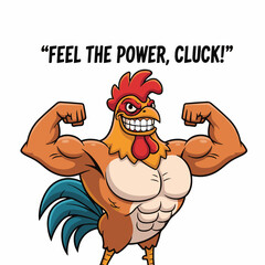 Gilpy-style rooster, 2D flat vector, chest puffed out, wings bent like flexing biceps, silly grin with teeth showing