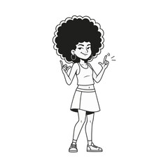 2D flat vector illustration of a gilpy teenage girl in tank top and skirt with sneakers, snapping fingers in rhythm while leaning slightly back with a smirk