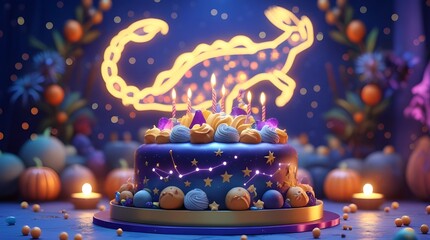 Celebrate Scorpio Season with a Stunning Zodiac Birthday Cake and Glowing Constellation, Perfect for Invitations and Festive Occasions