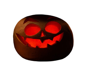 Halloween pumpkin with scary face. Jack o lantern, closeup object. Isolated on transparent background