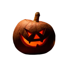 Halloween pumpkin with scary face. Jack o lantern, closeup object. Isolated on transparent background