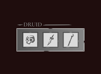 Fantasy RPG druid class selection UI panel with skull, dagger, and magic staff icons. Medieval role playing game interface for character choice menu, MMORPG adventure dark gothic HUD screen design.