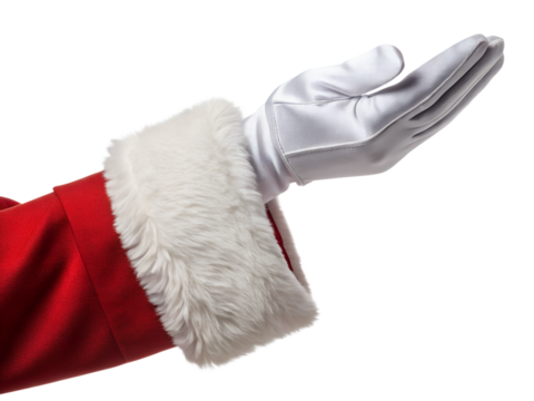 Santa Claus hand wearing white glove with red and fur-trimmed sleeve, extended in gesture, isolated on white background, classic Christmas costume detail, festive holiday character concept

