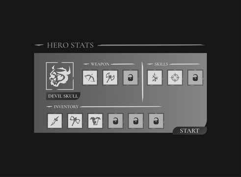 Fantasy RPG hero stats UI panel with weapons, skills, and inventory slots. Medieval dark game interface template for character selection, stat menu, MMORPG adventure role playing game HUD design.