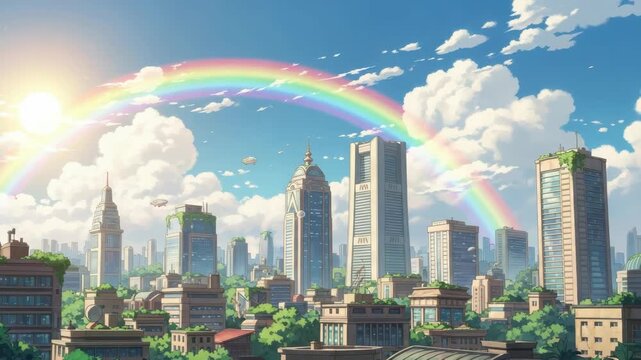 bright verdant city under vast blue sky with fluffy clouds A vivid rainbow arches over numerous tall buildings adorned with lush greenery Sunlight streams with airships gracefully soaring