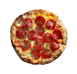 Fresh baked traditional italian pizza with pepperoni, closeup object. Isolated on transparent background
