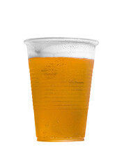 Beer in plastic cup, closeup object. Isolated on transparent background