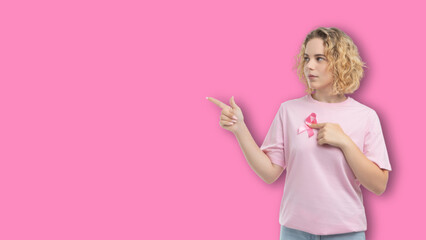 Woman in pink shirt promotes cancer awareness