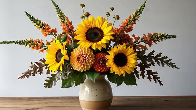 Autumnal bouquet featuring sunflowers, orange dahlias, and snapdragons arranged in a rustic ceramic vase, celebrating the fall season