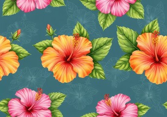 Vibrant watercolor hibiscus flowers seamless pattern on textured teal background
