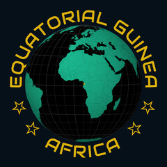 Obraz premium Equatorial Guinea on Globe. Round country and continent name text. Country view on world map in Black Emerald color palette. Equatorial Guinea shape on map. Stylish vector illustration.