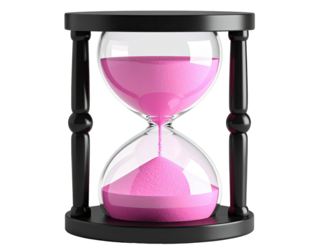 An hourglass with pink sand, enclosed in black supports
