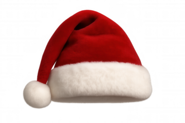 Red santa hat with white fur trim and pompom, festive christmas holiday headwear cut out on a transparent background