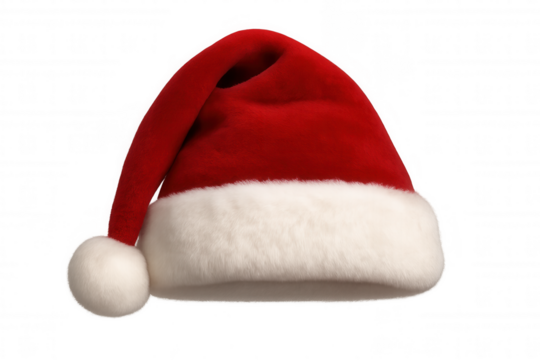 Red santa hat with white fur trim and pompom, festive christmas holiday headwear cut out on a transparent background - Powered by Adobe