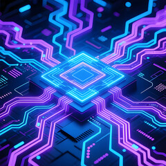 Abstract Futuristic Technology Background with Glowing Circuits and Neural Network Patterns