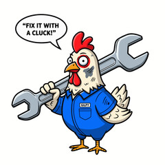 Gilpy-style hen, 2D flat vector, wearing mechanic jumpsuit, holding giant wrench taller than her, feathers messy with grease smudge on cheek