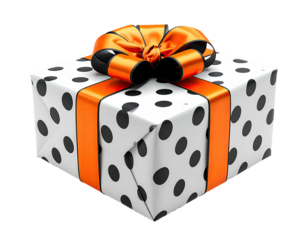 Square gift wrapped in polka dots, orange ribbon, and bow on a black background