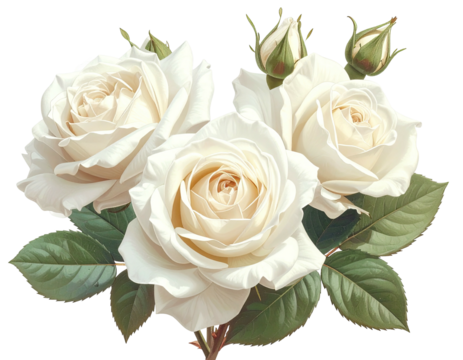 Exquisite digital artwork, showcasing an arrangement of white roses and verdant foliage