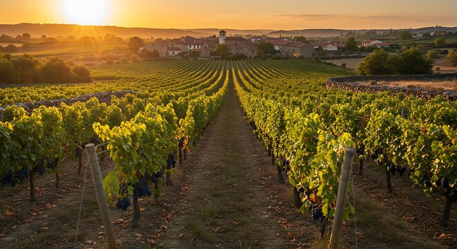 Scenic vineyard landscape at sunset with rows of grapevines under golden light