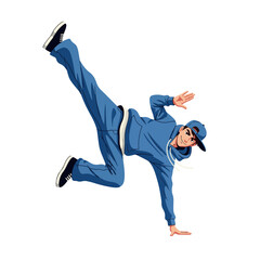 2D flat vector illustration of a gilpy teenage boy in loose jeans and cap, holding a dramatic one-hand freeze pose with one leg kicking out and the other bent