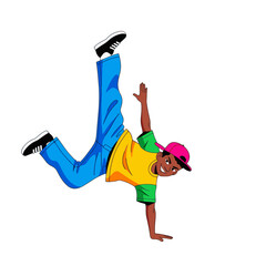 2D flat vector illustration of a gilpy teenage boy in loose jeans and cap, holding a dramatic one-hand freeze pose with one leg kicking out and the other bent
