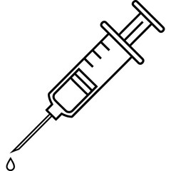 A minimalist line art illustration of a medical syringe with a needle and a small drop, symbolizing healthcare, vaccination, therapeutic injections, and accurate medication delivery