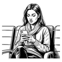 Young woman using a smartphone while wearing a scarf and sweater, seated on a bench
