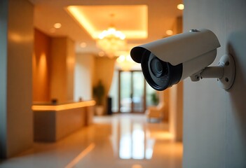 Modern CCTV security camera installed in elegant hotel lobby, ensuring guest protection and property surveillance. Advanced technology for safety, monitoring, theft prevention, and reliable.