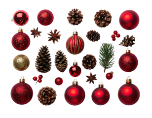 Festive arrangement on black background, assorted ornaments & natural elements