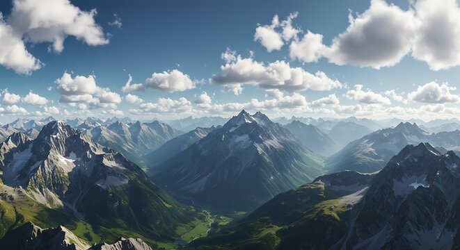 Majestic mountain range under a blue sky with fluffy white clouds during daytime