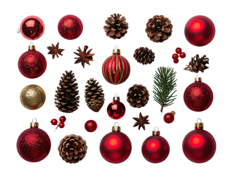 Festive arrangement on black background, assorted ornaments & natural elements