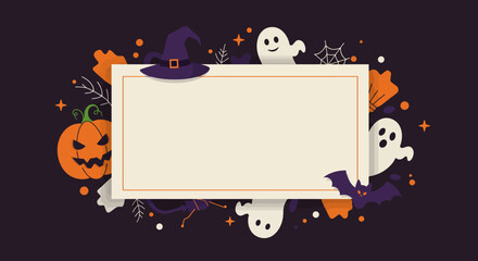 A clean flat design illustration of a Halloween party invitation concept, featuring minimalist spooky icons and ample copy space. This 2D vector art is ideal for event promotions.