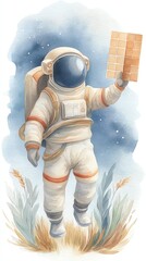 Outer space spacewalk scene concept, A whimsical astronaut holding a brick in a surreal landscape.