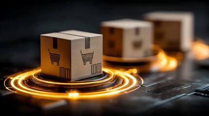 Blockchain in logistics tracking concept, Close-up of modern delivery boxes with digital elements, symbolizing commerce.