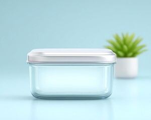 Work lunch glass container concept, An empty glass storage container on a light blue background.
