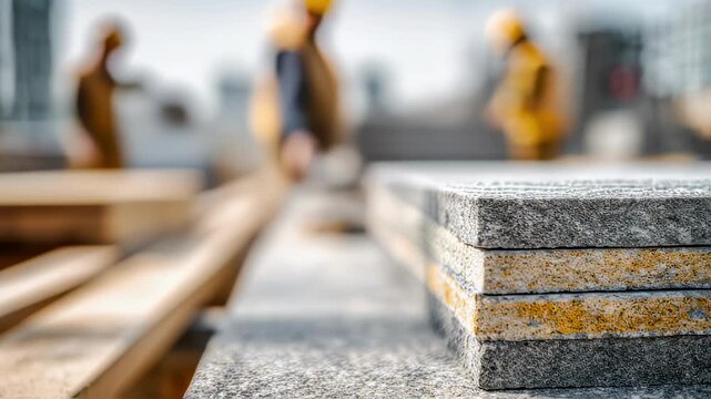 Industrial background showing a stack of granite paving slabs in the foreground and a team of construction workers in safety gear operating out of focus in the background on a building site