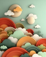 Colorful layered pattern with clouds and abstract shapes in a vibrant design.