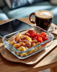 Work lunch glass container concept, Delicious pasta with tomatoes and coffee on a cozy table.